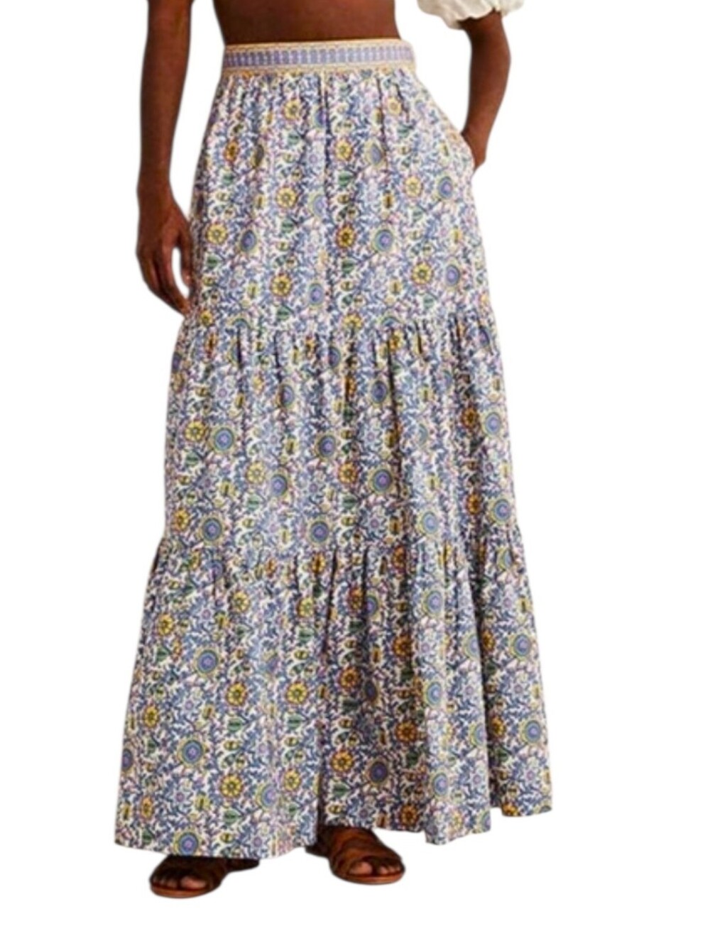 Boden Bala Floral Tiered Maxi Skirt in Blue, Yellow & White